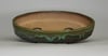 Oval bonsai pot with matte green copper glaze. 360x262mm