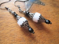 Image 7 of Gothic Filigree Black & White Czech Glass Earrings, Pierced or Clip On 