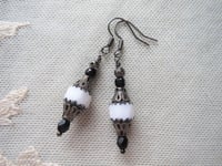 Image 9 of Gothic Filigree Black & White Czech Glass Earrings, Pierced or Clip On 