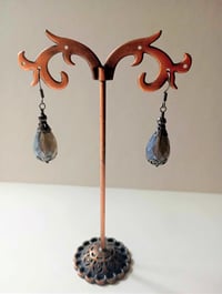 Image 4 of Victorian Filigree Czech Glass Teardrop Earrings, Pierced or Clip On 