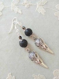 Image 7 of Gothic Raven Skulls Black Lava Bead Earrings, Pierced or Clip On