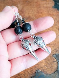 Image 8 of Gothic Raven Skulls Black Lava Bead Earrings, Pierced or Clip On
