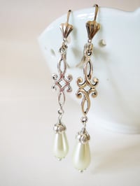 Image 12 of Art Deco Flourish Pearl Teardrop Earrings, White Ivory