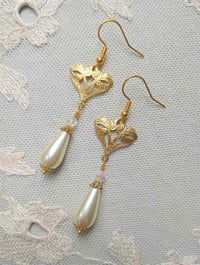 Image 3 of Art Nouveau Glass Pearl Teardrop & Crystal Golden Earrings Pierced or Clip On