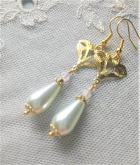 Image 6 of Art Nouveau Glass Pearl Teardrop & Crystal Golden Earrings Pierced or Clip On