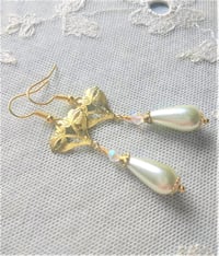 Image 7 of Art Nouveau Glass Pearl Teardrop & Crystal Golden Earrings Pierced or Clip On