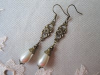 Image 7 of 1910s Edwardian Pearl Teardrop Bronze Earrings, Pierced or Clip On 