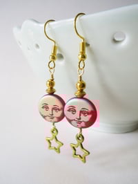 Image 11 of Moon and Stars Celestial Earrings, Red & Gold, Pierced or Clip On