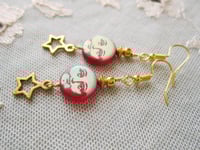 Image 8 of Moon and Stars Celestial Earrings, Red & Gold, Pierced or Clip On
