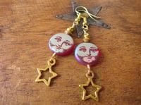 Image 9 of Moon and Stars Celestial Earrings, Red & Gold, Pierced or Clip On