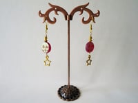 Image 12 of Moon and Stars Celestial Earrings, Red & Gold, Pierced or Clip On