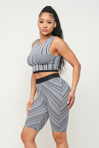 Image of 3PACK Swirl Striped Tank Top And Biker Shorts Set-BLACK/WHITE