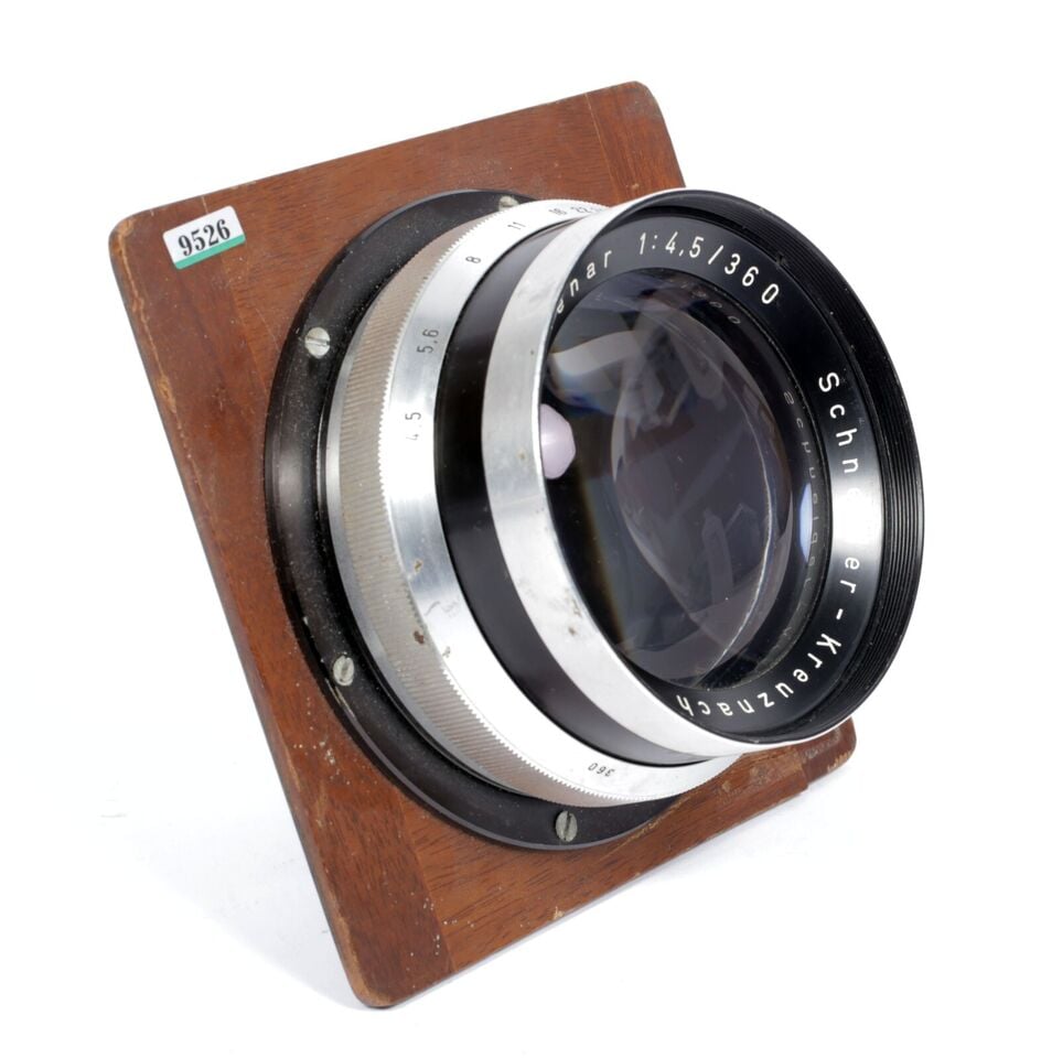 Image of Schneider Xenar 360mm F4.5 lens COATED in barrel on deardorff board #9526
