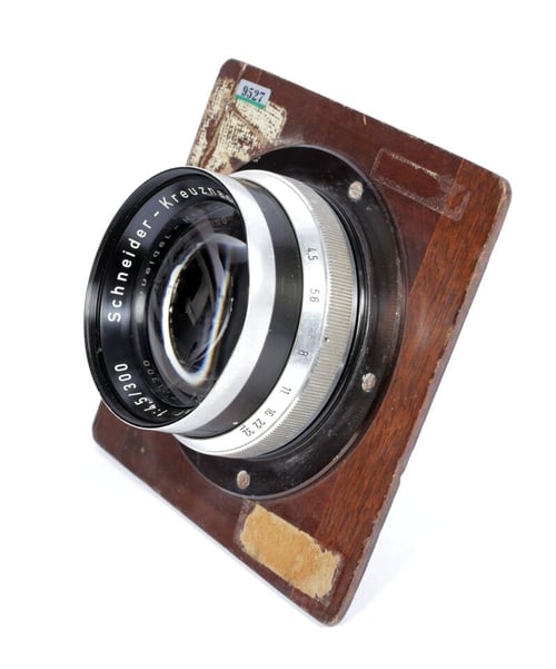 Image of Schneider Xenar 300mm F4.5 lens COATED in barrel on deardorff board #9527