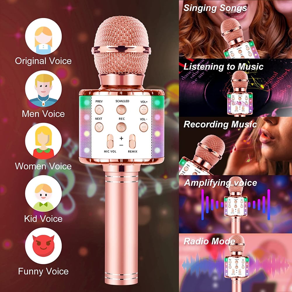 Karaoke Microphone for Kids Singing, 5 in 1 Wireless Bluetooth Microphone with LED Lights Karaoke Ma