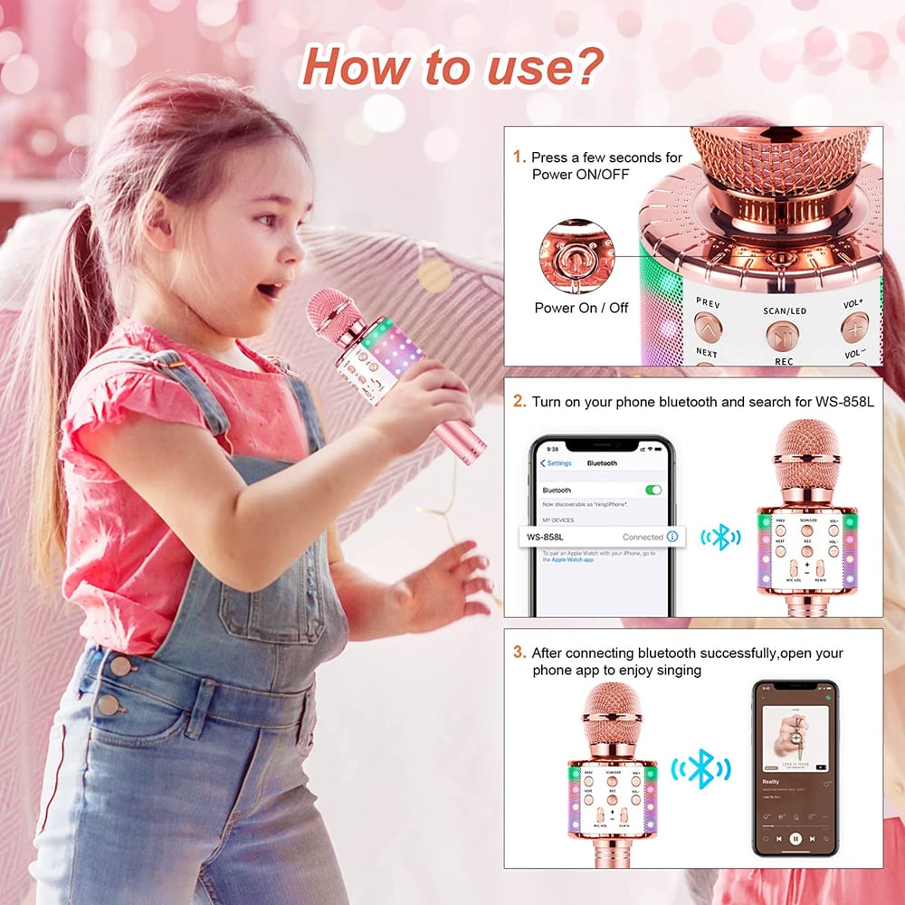 Karaoke Microphone for Kids Singing, 5 in 1 Wireless Bluetooth Microphone with LED Lights Karaoke Ma