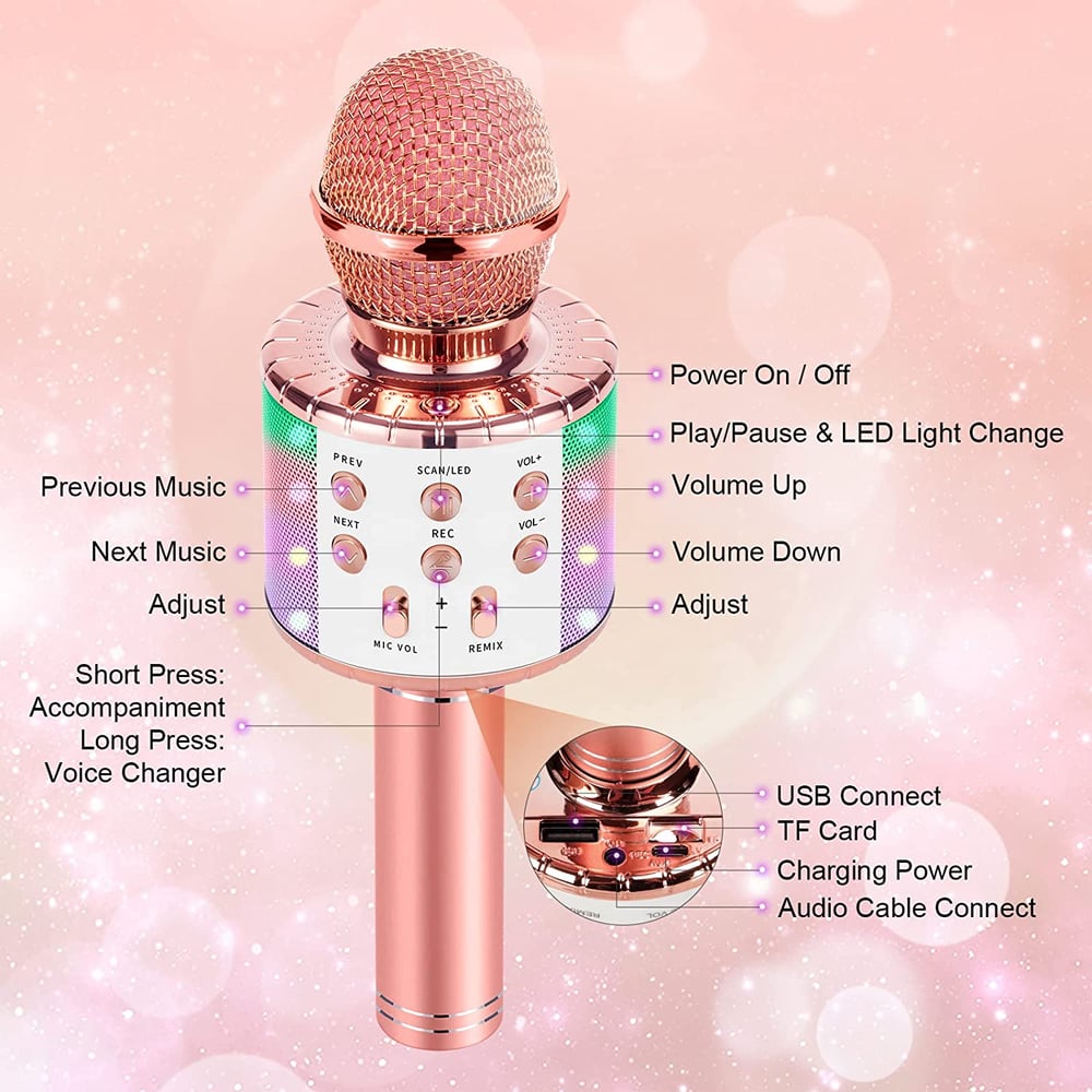 Karaoke Microphone for Kids Singing, 5 in 1 Wireless Bluetooth Microphone with LED Lights Karaoke Ma