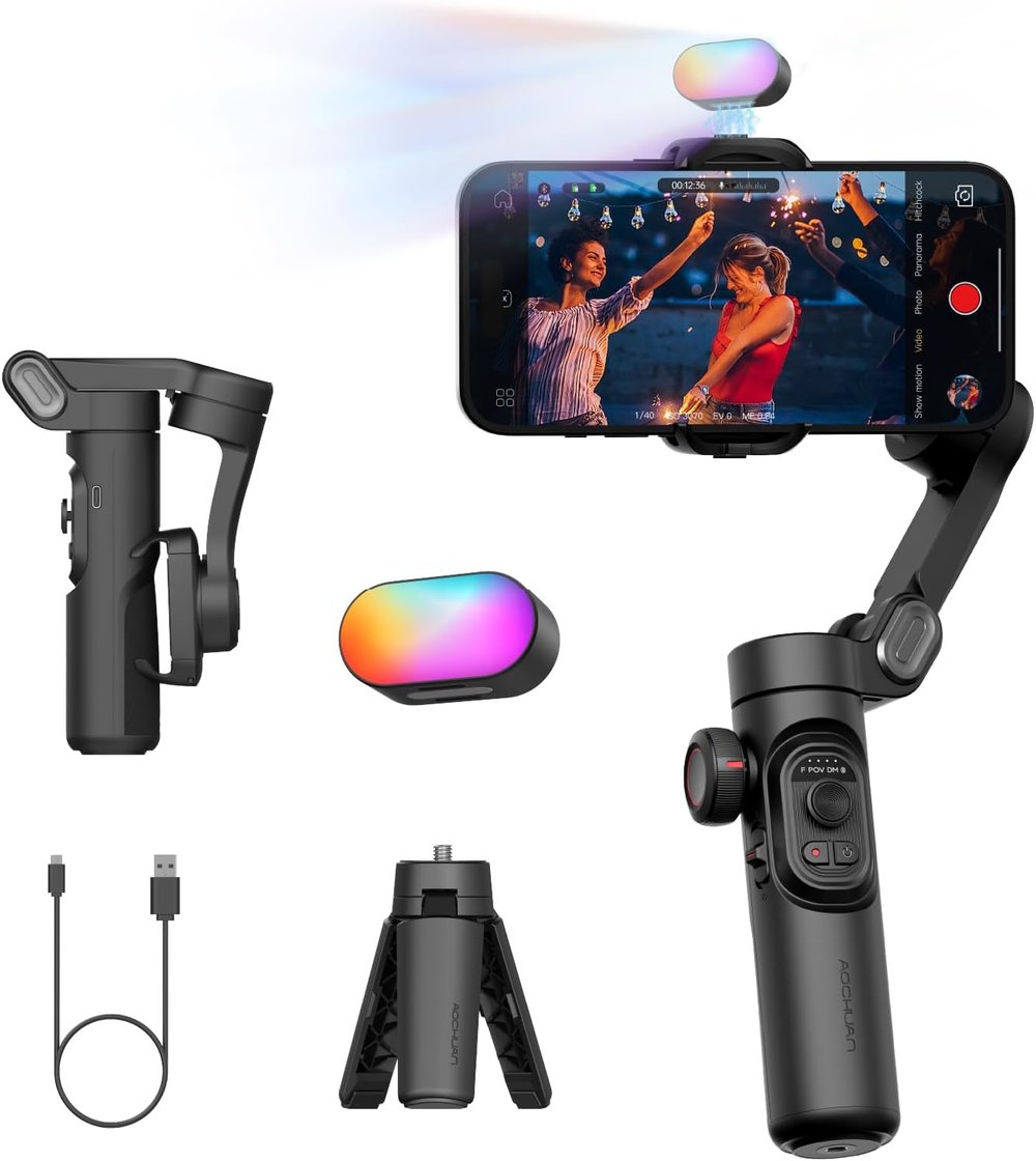 AOCHUAN 3-Axis Gimbal Stabilizer for Smartphone, Gimbal w/RGB Magnetic, Upgraded Face Tracer