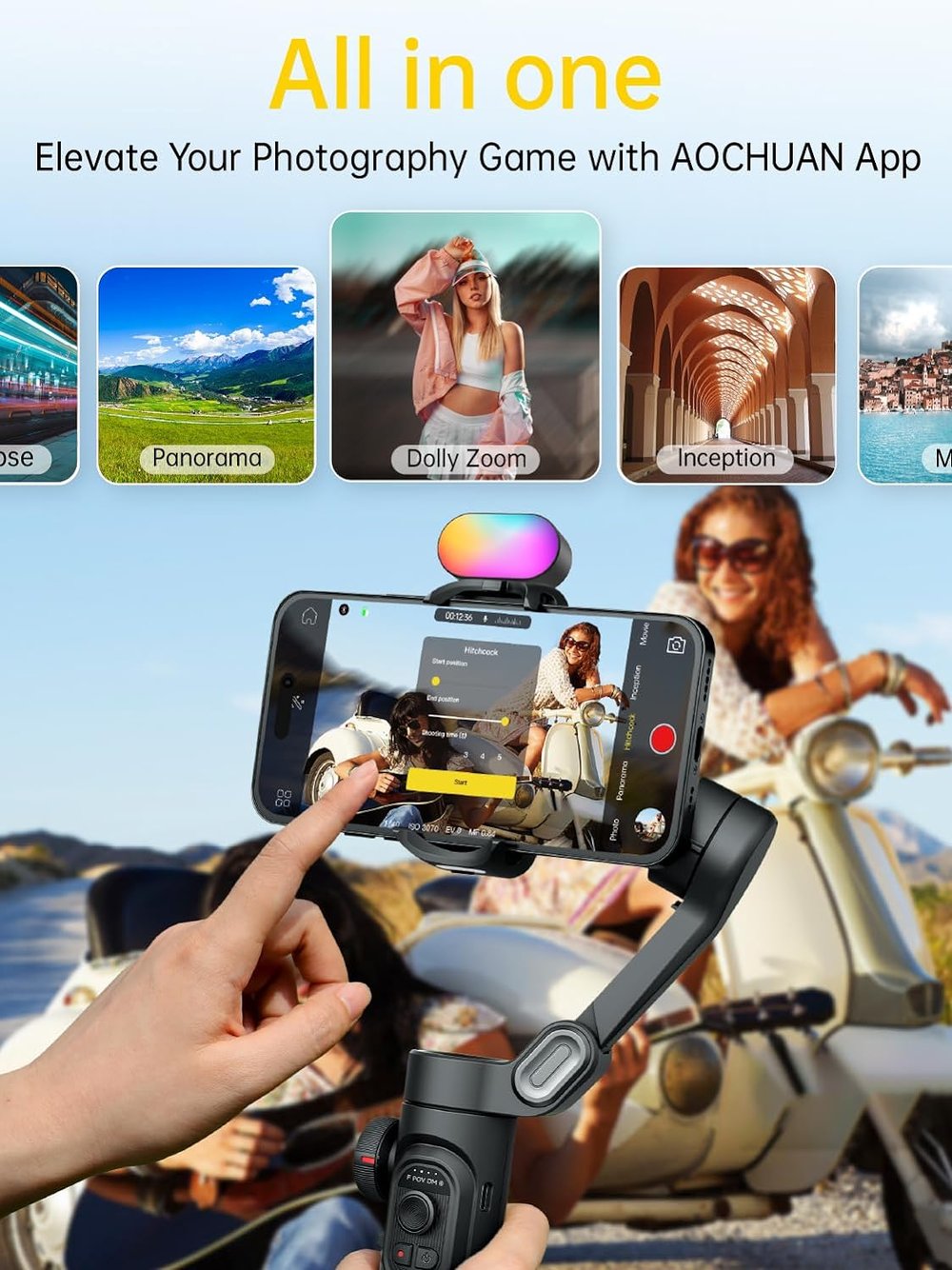 AOCHUAN 3-Axis Gimbal Stabilizer for Smartphone, Gimbal w/RGB Magnetic, Upgraded Face Tracer