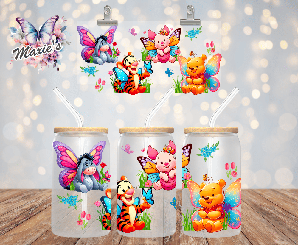Image of Butterflies Party With Pooh & Friends Graphic Design 16oz. Sublimation Cup Wrap Print 