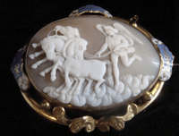 Image 1 of Edwardian gilt metal enamel horse angel scene cameo