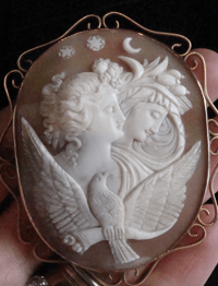 Image 1 of VICTORIAN 9CT YELLOW GOLD FINE QUALITY CAMEO BROOCH WITH OWL AND STARS