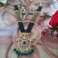 Long Green Beaded Necklace, Indian jewelry, kundan pendant with ruby necklace