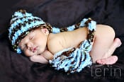 Image of Knitted boy elf hat blue and brown stripes 