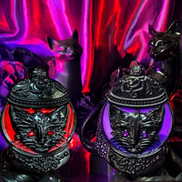 Image 1 of Jeweled Gaze-3D Cat Head Specimen in Stained Glass Globe w/Jeweled Eyes Enamel Pin