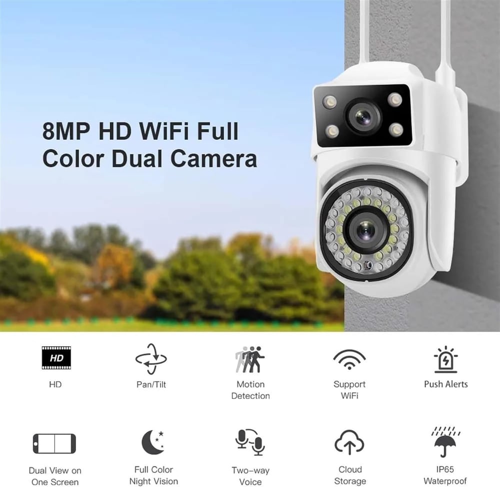 Surveillance Camera, 8MP 4K PTZ WiFi Camera Dual Lens AI Tracking Security Protection