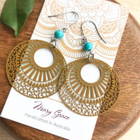 Image 1 of Circle Filigree Hoops with Turquoise Stone Beads