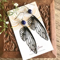 Image 1 of Black Butterfly Wing Earrings with Gemstone Beads