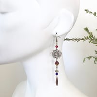 Image 3 of Long Beaded Glass, Crystal and Brass Filigree Dangle Earrings 