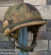 Image 1 of Vietnam M-1C Airborne Helmet Paratrooper liner Mitchell Camo Cover Cigarettes Rations. "WIDOW MAKER"