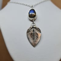 Image 4 of Silver Blackberry Leaf Pendant with Flashing Blue Labradorite Cabochon (SJ060)