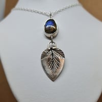 Image 1 of Silver Blackberry Leaf Pendant with Flashing Blue Labradorite Cabochon (SJ060)