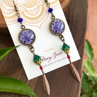 Image 3 of Purple Glass Mandala and Emerald Green Crystal Beaded Dangle Earrings