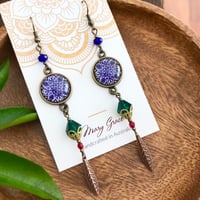 Image 1 of Purple Glass Mandala and Emerald Green Crystal Beaded Dangle Earrings