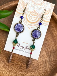 Image 4 of Purple Glass Mandala and Emerald Green Crystal Beaded Dangle Earrings