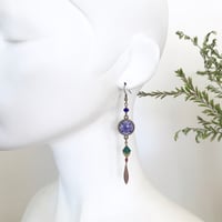 Image 5 of Purple Glass Mandala and Emerald Green Crystal Beaded Dangle Earrings