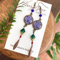 Image 2 of Purple Glass Mandala and Emerald Green Crystal Beaded Dangle Earrings