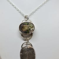 Image 2 of Silver Sage Leaf Pendant with Floral Lampwork Cabochon (SJ061)