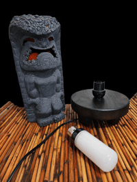 Image 5 of Tiki Classics Double Sided Ceramic Ku Lamp with Flame Bulb Wood Base