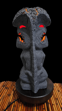 Image 1 of Tiki Classics Double Sided Ceramic Ku Lamp with Flame Bulb Wood Base