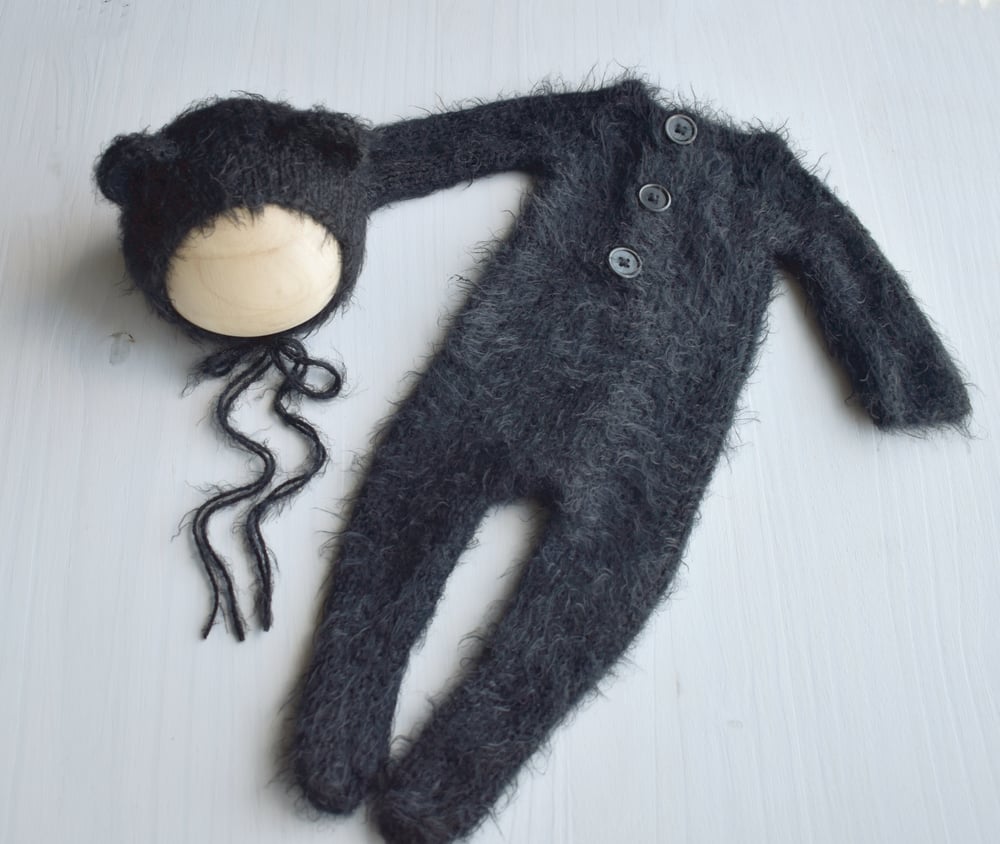 Image of Black Fuzzy Bear Bonnet & Footie Pajamas