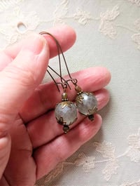Image 3 of Bohemian Czech Glass Long Dangle Earrings in Sage & Bronze