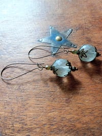 Image 2 of Bohemian Czech Glass Long Dangle Earrings in Sage & Bronze