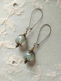 Image 1 of Bohemian Czech Glass Long Dangle Earrings in Sage & Bronze
