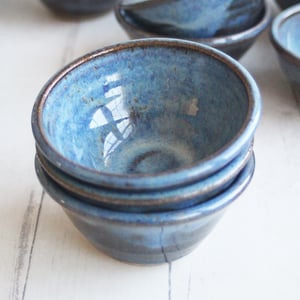 Image of Three Small Rustic Blue Ceramic Pottery Bowls, Kitchen Prep Handcrafted Made in USA