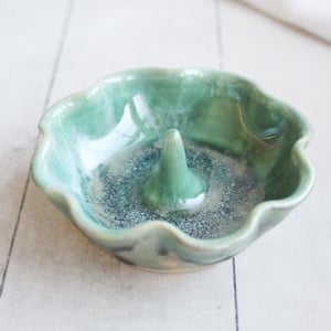 Image of Ceramic Ring Holder in Shimmering Green Glaze, Handcrafted Pottery, Made in USA